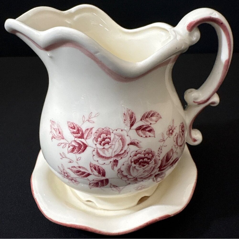 White Japanese Ceramic Pitcher Pink Floral Design Matching Saucer Plate Creamer - Picture 3 of 9